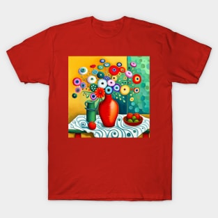 Cute Abstract Flowers in a Red Vase Still Life Painting T-Shirt